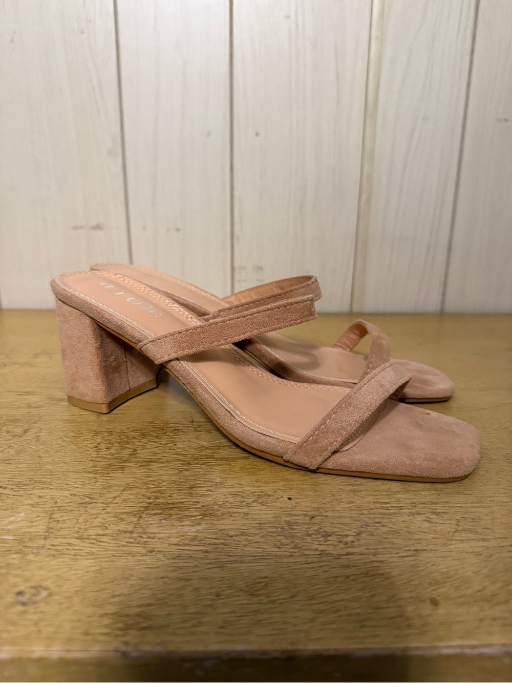 NWOT. Two-Strap Block Heel Mules in Nude
